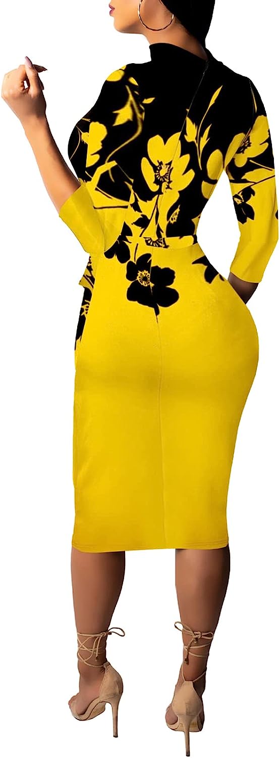 Women's 3/4 Sleeve Bodycon Dresses Work Casual Floral Print Pencil Midi Dresses with Belt - Image 2